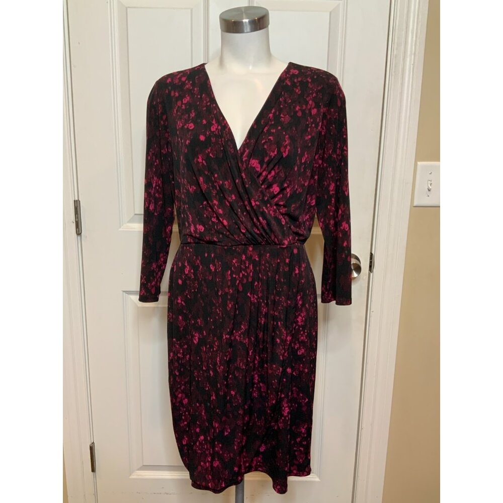 Tahari Black Pink Purple Abstract Floral Faux Wrap Dress, Size 12